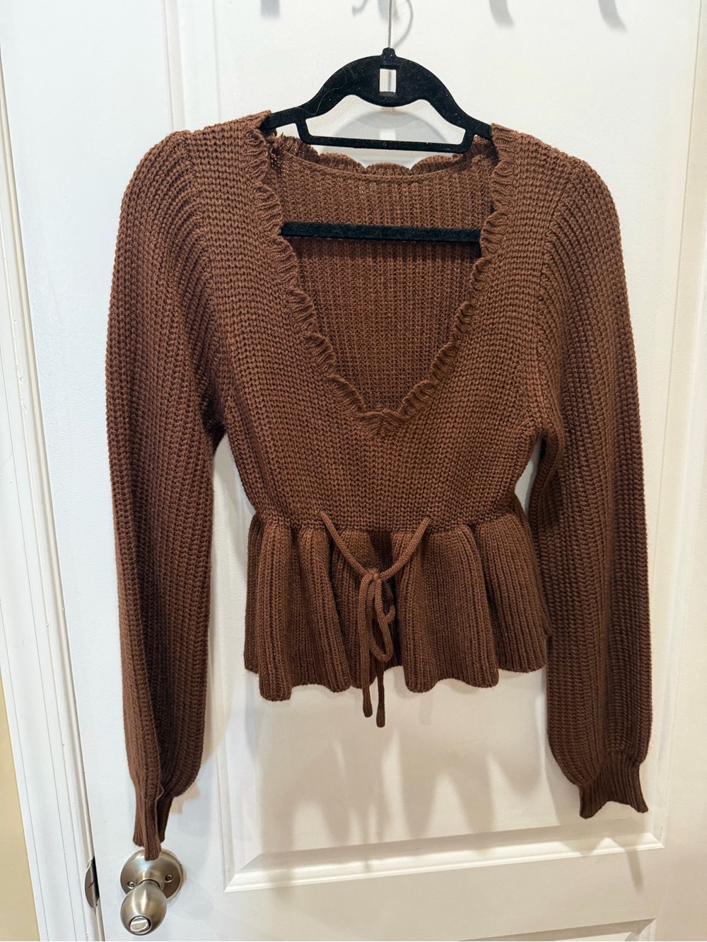 SHEIN Brown V-Neck Peplum Knit Sweater with Tie